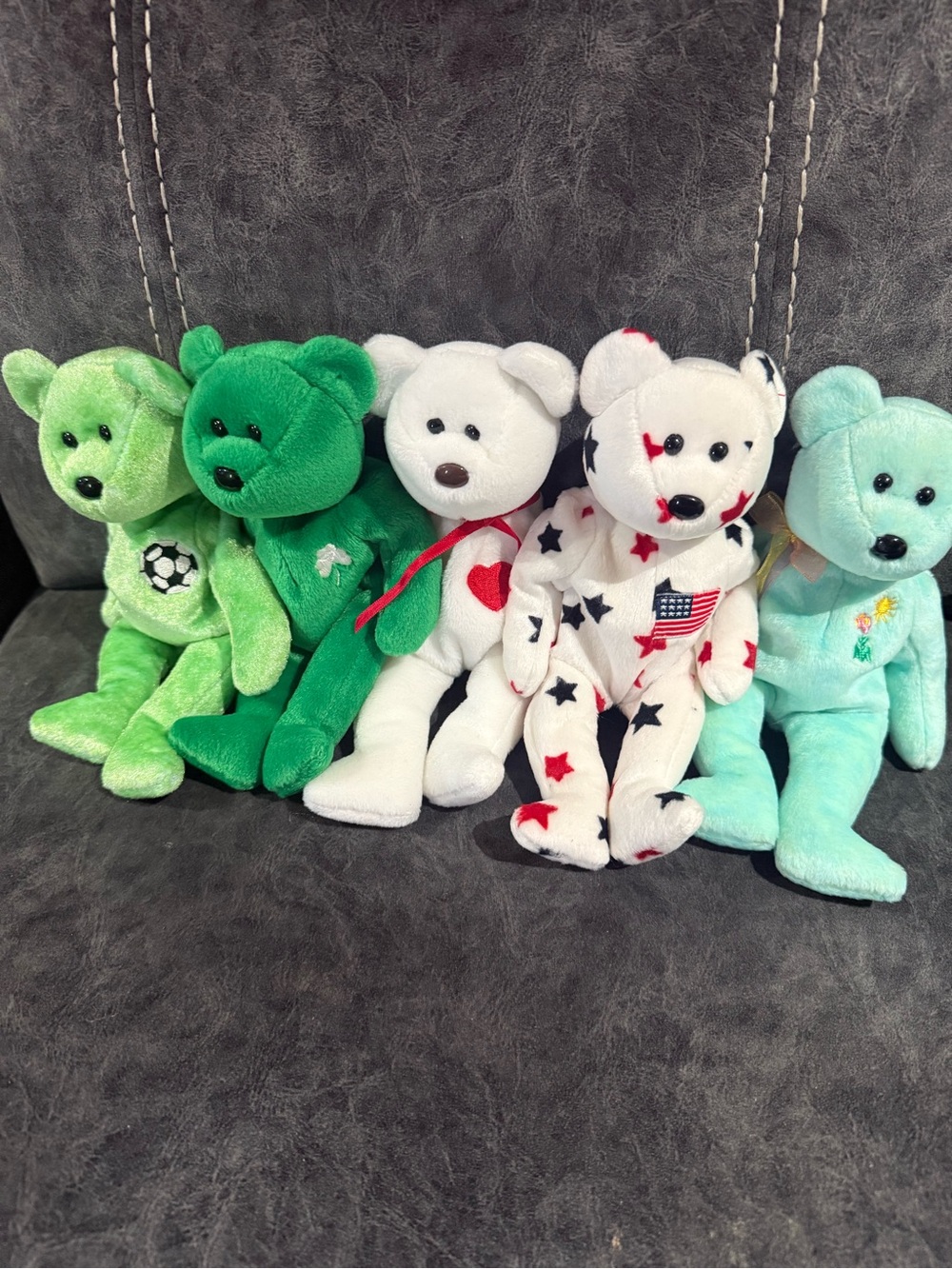 Ty Beanie Baby Plush Bears - Green, White, Red & Blue Star Print, Mint